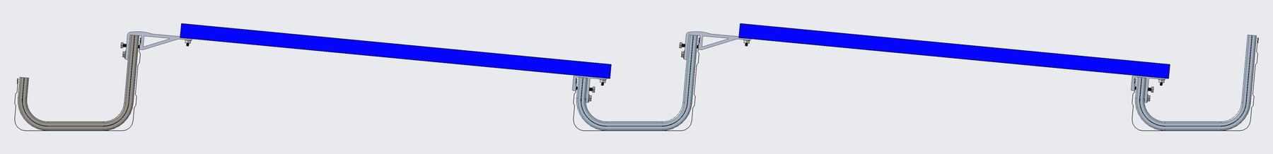 Side elevation of two adjacent Roll-A-Rack rows at 5 degrees, clamped to gutter channels with no penetration
